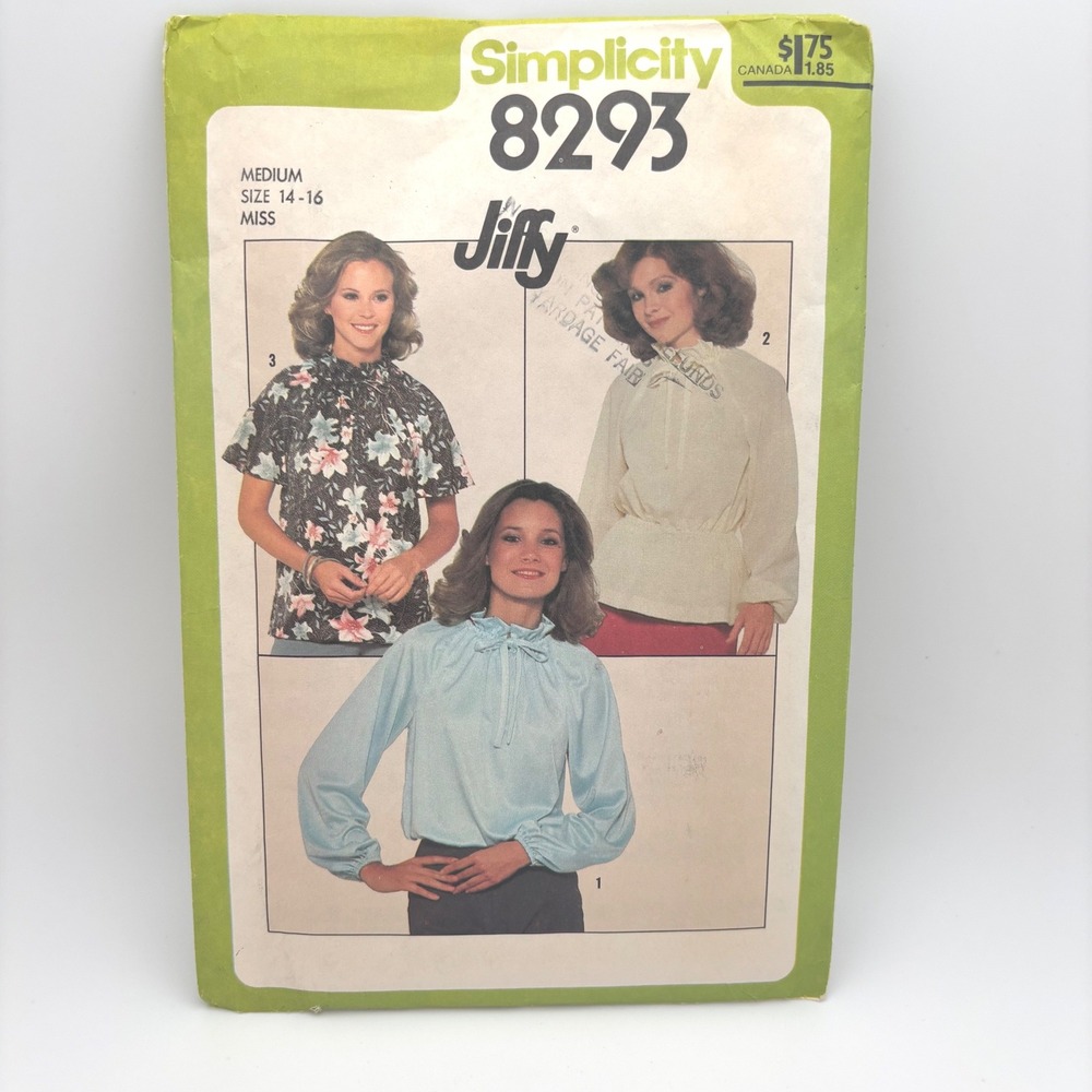 Vintage 1977 Simplicity 8293 Jiffy Blouse Sewing Pattern Uncut Size Medium 14-16